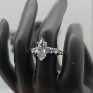 Marquise-Cut Clear Stone Silver Ring with Accent Stones